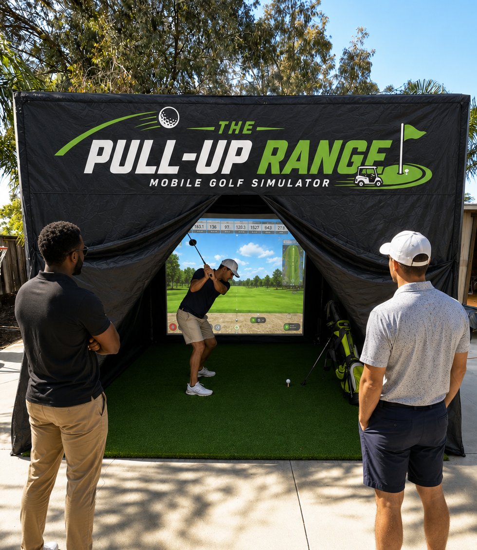The Pull Up Range branded mobile golf simulator and playing area
